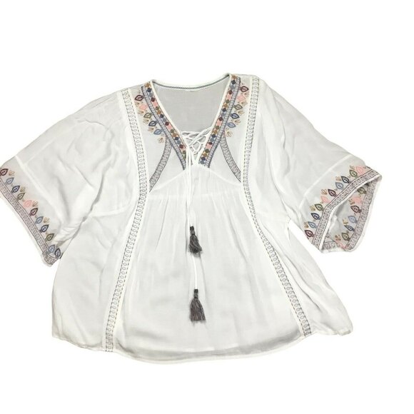 Women Whites Embroidered Multi Tassel Tie V-neckline Lace Up Peasant Top M - Picture 10 of 10
